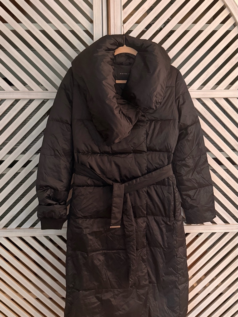 Pietro Filipi Black Long Down Puffer Coat Belted Size S